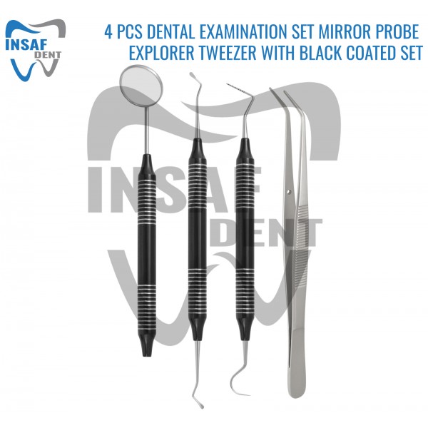 4 Pcs Dental Examination Set Mirror Probe Explorer Tweezer With Black Coated Set