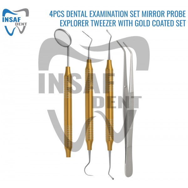 4Pcs Dental Examination Set Mirror Probe Explorer Tweezer With Gold Coated Set